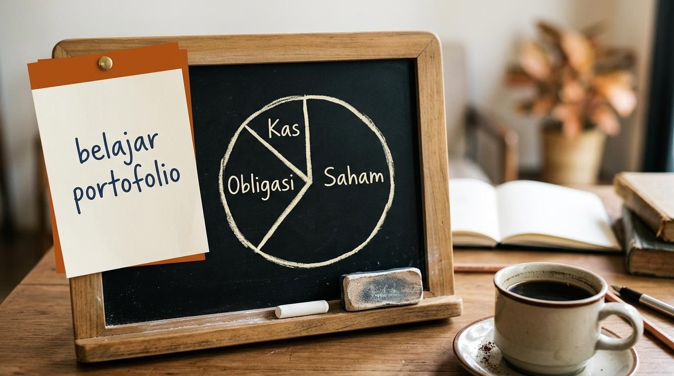 Papan tulis kayu kecil dengan diagram pai sederhana digambar kapur, terbagi tiga segmen tanpa label, dengan secarik kertas bertuliskan belajar portofolio di sampingnya.