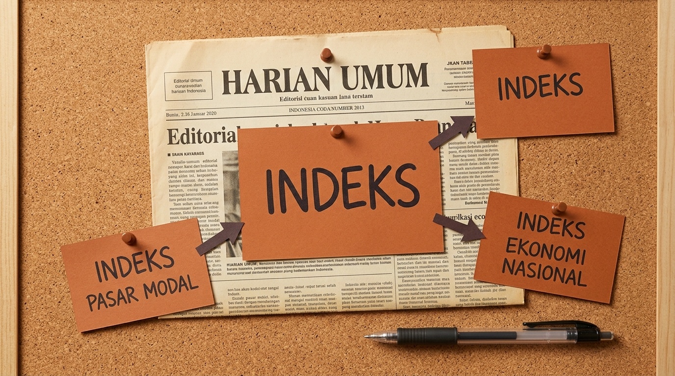 Papan gabus editorial dengan halaman koran lama dan kartu indeks bertuliskan kata INDEKS yang dihubungkan tanda panah kertas.