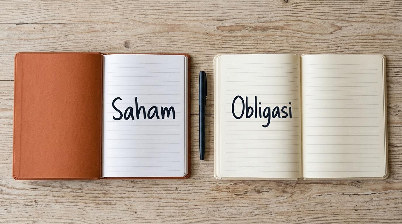 Dua buku catatan terbuka berdampingan — buku kiri bersampul terracotta bertuliskan Saham, buku kanan bersampul krem bertuliskan Obligasi, dengan pena berdiri sebagai pemisah.