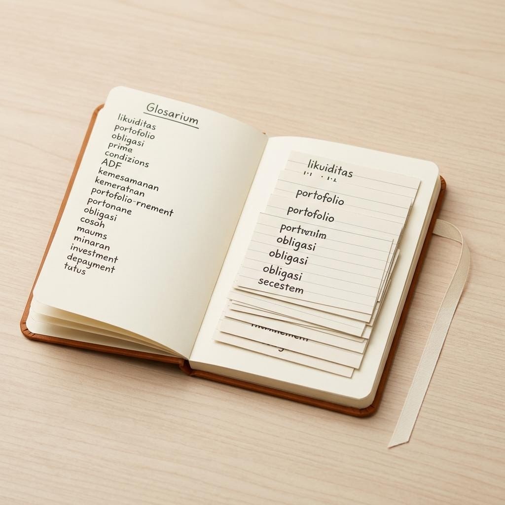 Buku catatan bersampul kraft terracotta terbuka dengan kartu indeks bertuliskan istilah keuangan di sekitarnya.